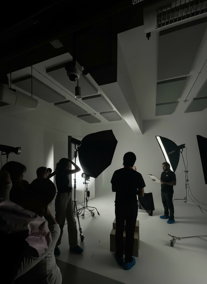 Behind-the-scenes Indian production crew on a white cyclorama studio set with softboxes and lights