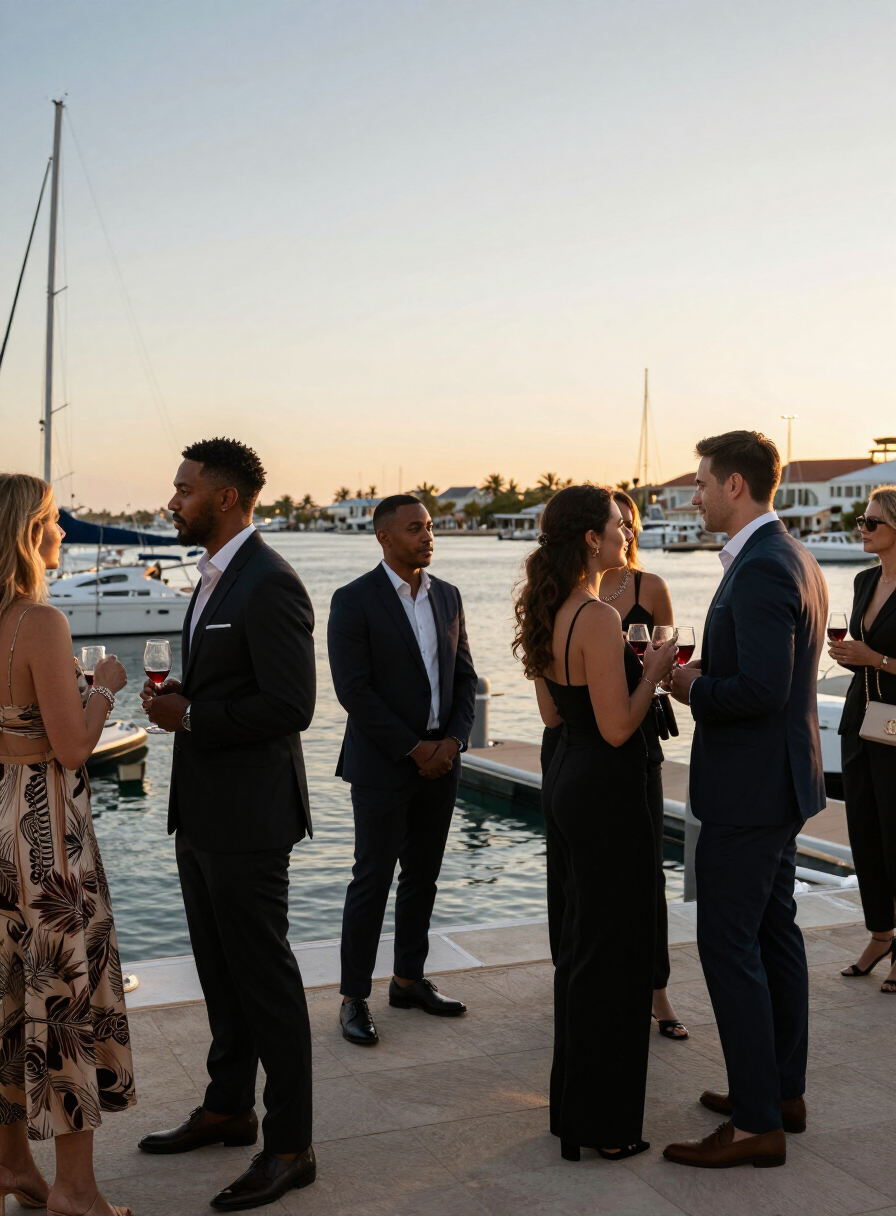 Business professionals networking at a Curaçao marina