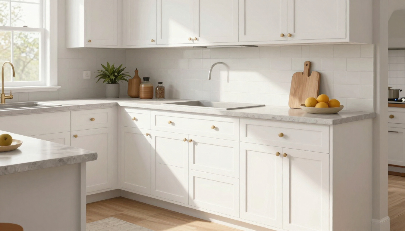Illustrative freshly painted white shaker kitchen cabinets in an Englewood NJ home kitchen