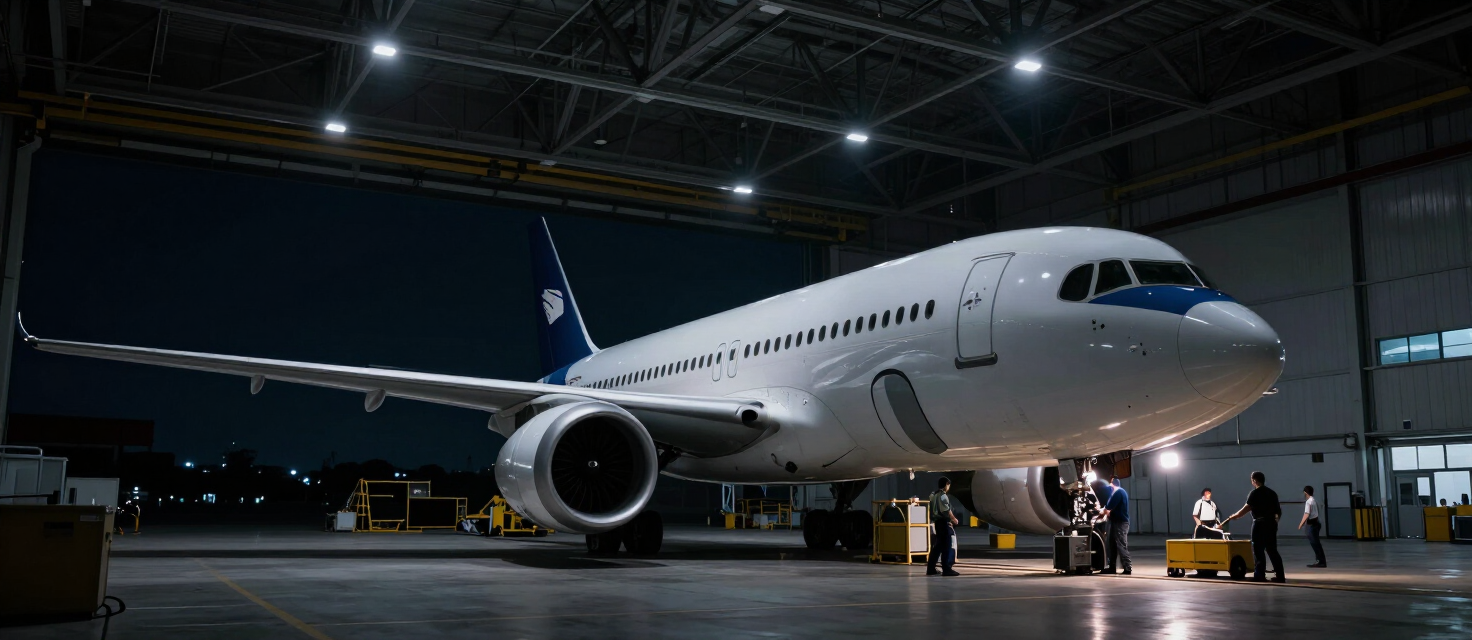 Commercial aircraft undergoing engine maintenance in a dark hangar at night