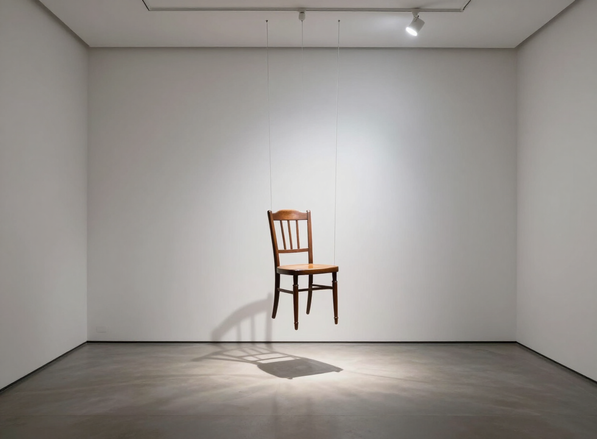 A vintage wooden chair suspended from a gallery ceiling by thin wires
