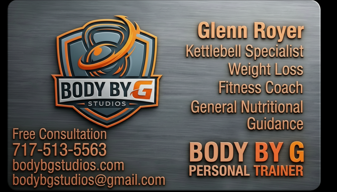 Body By G Studios business card for Glenn Royer, kettlebell specialist and personal trainer