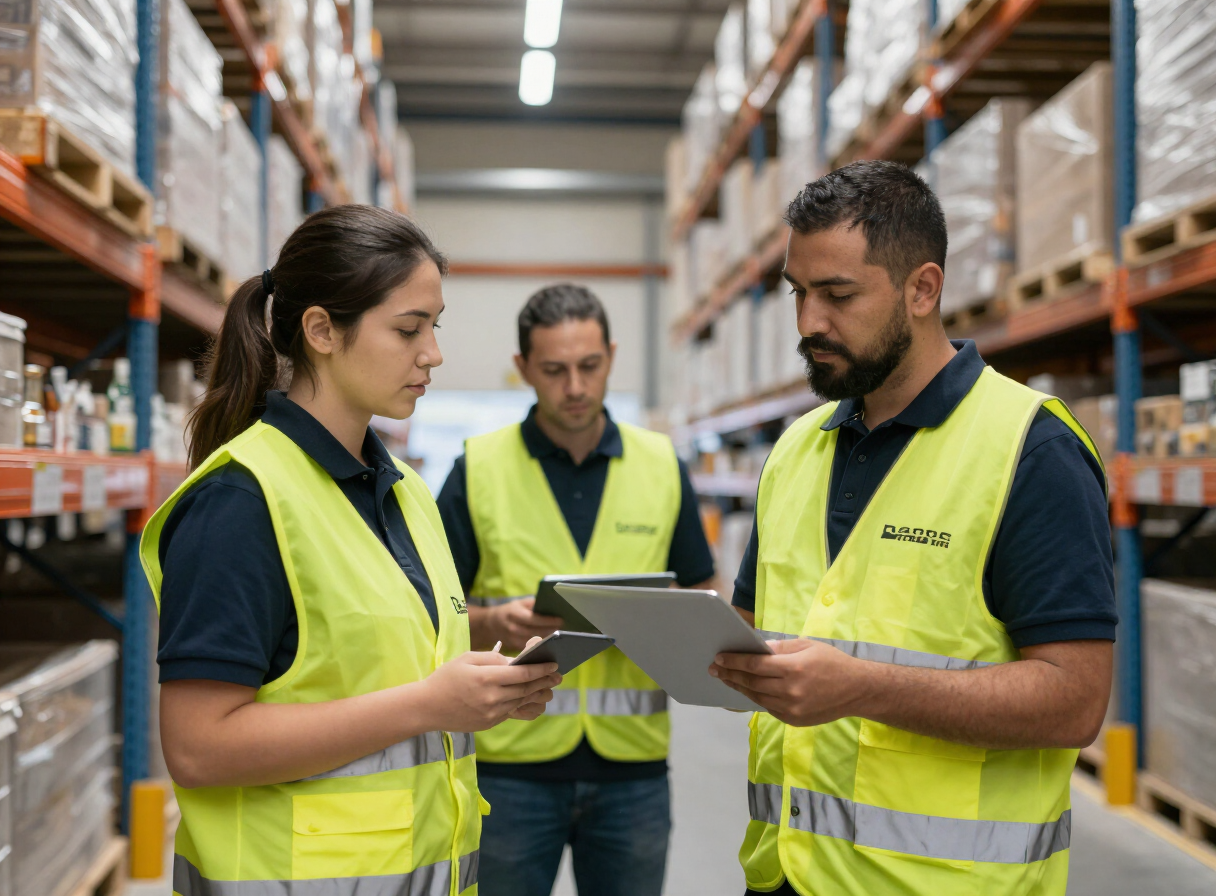 Warehouse team in branded hi vis workwear