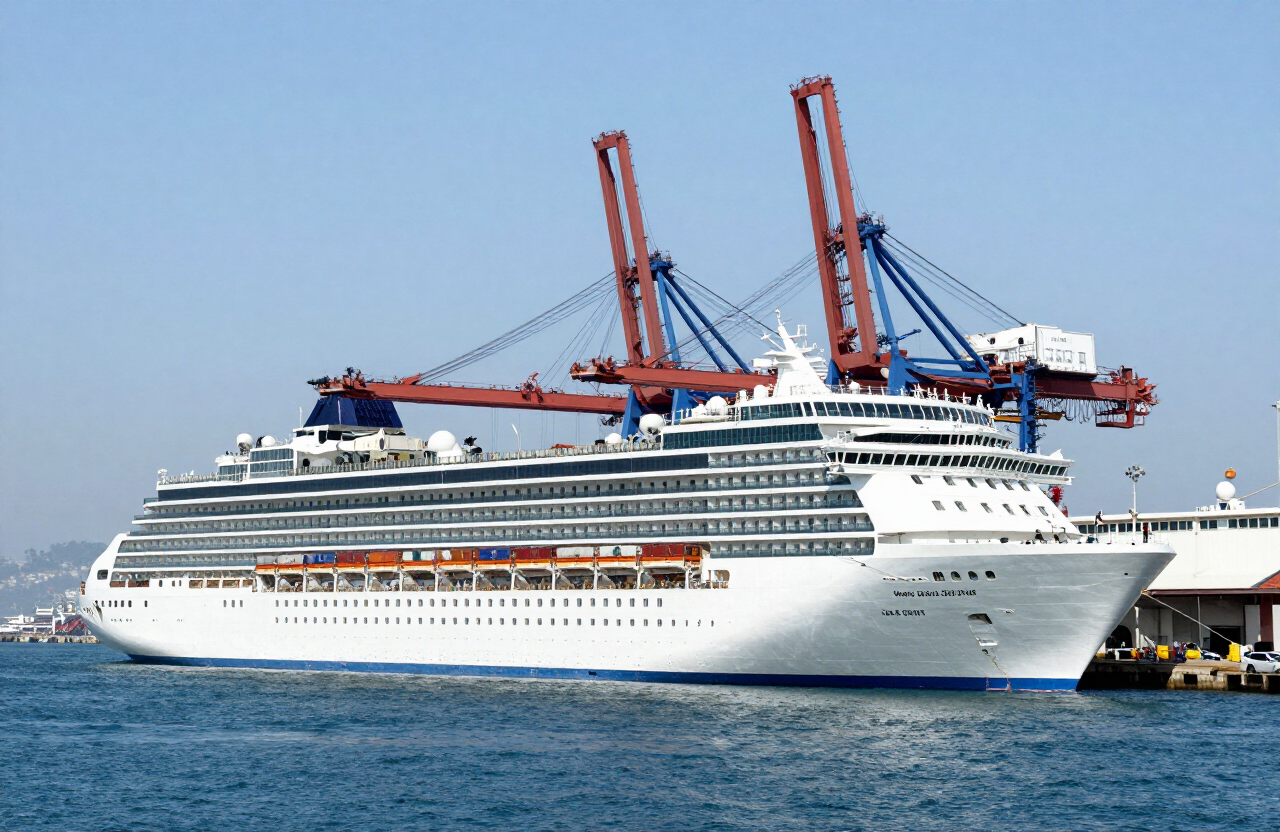 Cruise ship docked at the World Cruise Center in the Port of Los Angeles, San Pedro, California, with cargo cranes and the LA harbor waterfront in the background