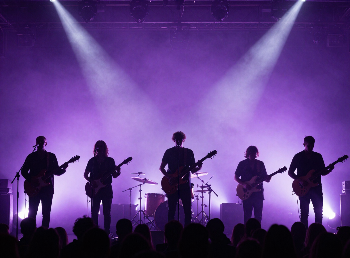 Full band in silhouette beneath a wide violet beam with audience heads below