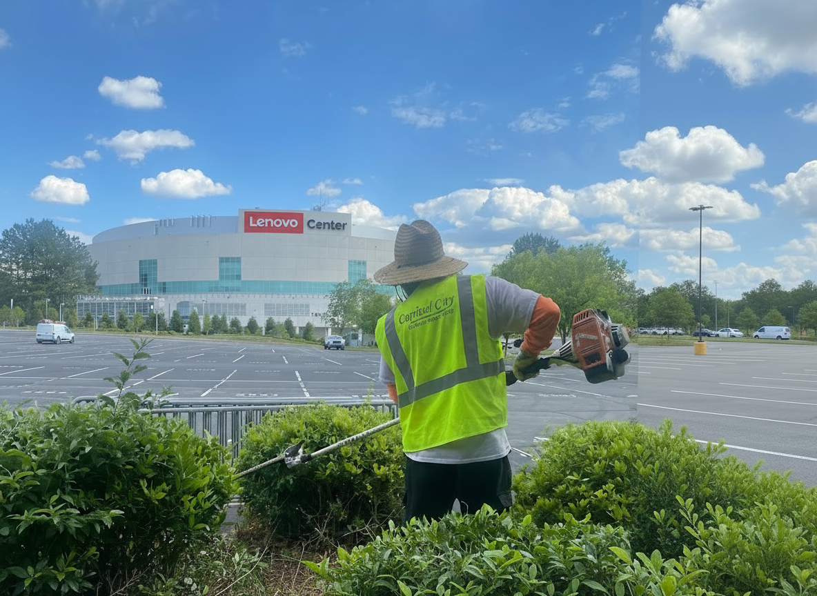Commercial grounds crew maintaining championship-grade turf and entrance beds at the Lenovo Center in Raleigh, NC
