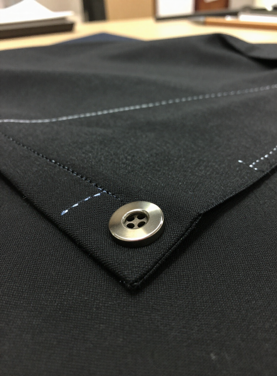 Close-up of a bartack stitch and metal snap on black canvas jacket fabric