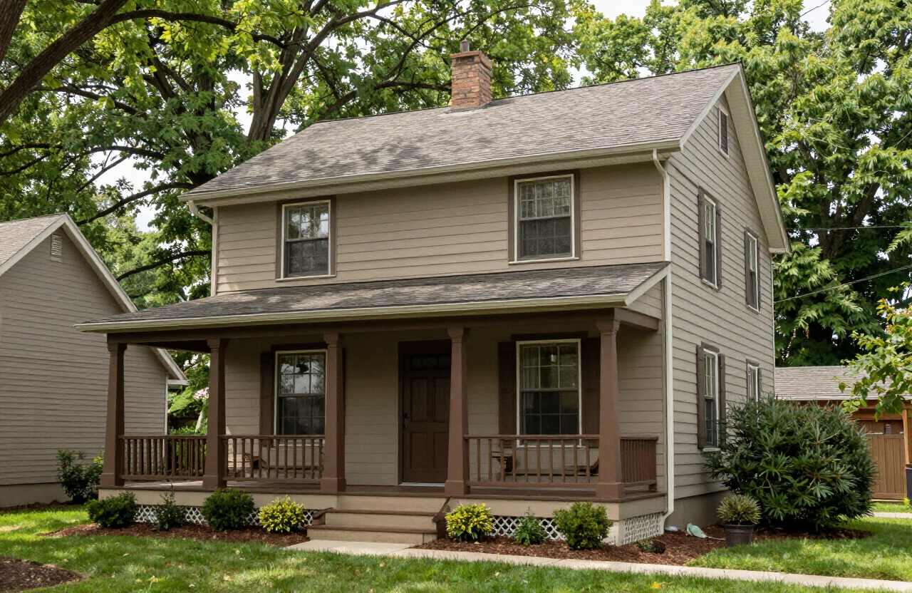 Rutherford NJ Craftsman bungalow with warm earth-tone taupe siding and deep brown tapered porch columns
