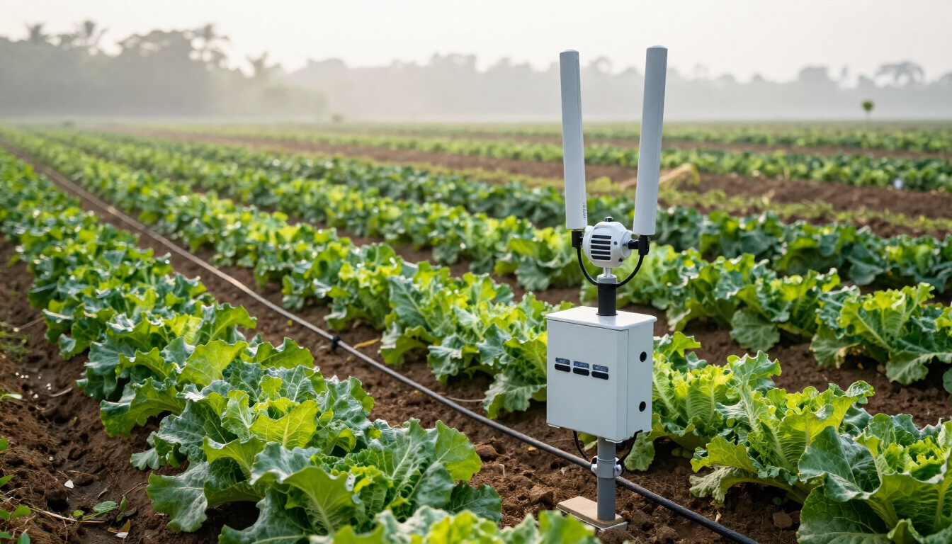 Wireless soil moisture sensor nodes and a weather station among crop rows on a Malaysian farm