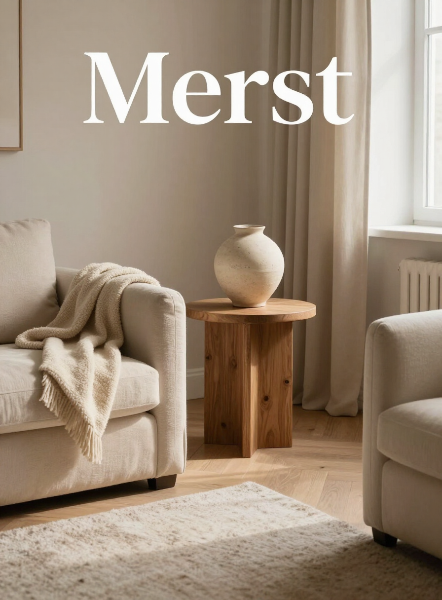 Warm modern living room corner with a cream sofa, oak side table, and ceramic vase