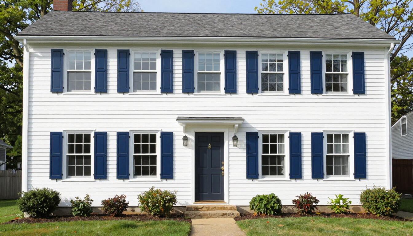 Hasbrouck Heights NJ Cape Cod home after exterior color refresh with bright white siding and navy shutters