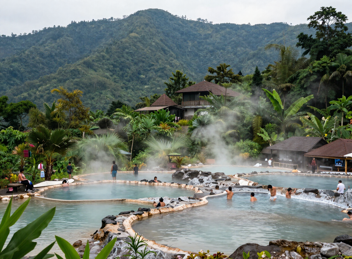 Uap air panas alami dari kolam pemandian Cipanas dekat Pelabuhan Ratu, Jawa Barat, daya tarik populer untuk perjalanan harian dari Ketapang Resort
