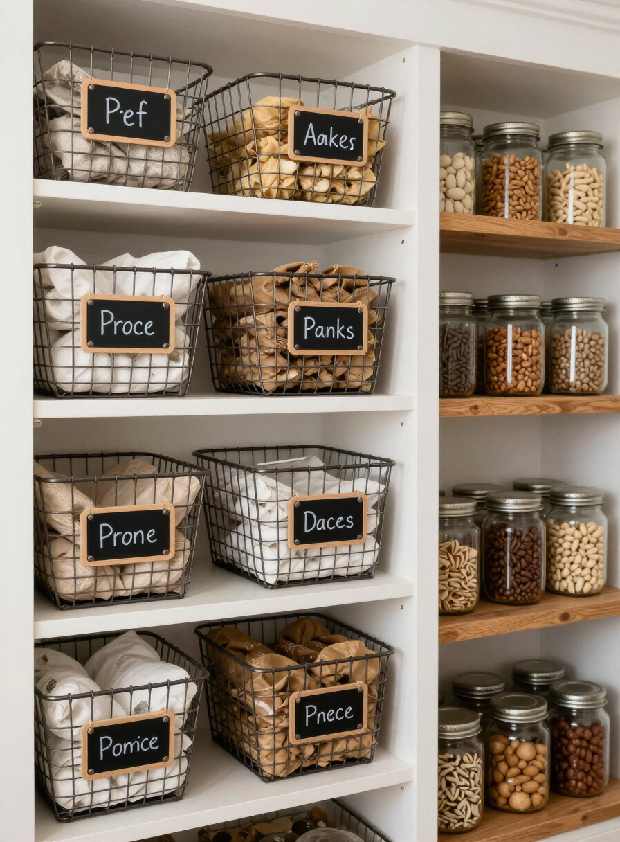 Organized farmhouse pantry with wire baskets, chalkboard labels, glass jars, and wooden shelves