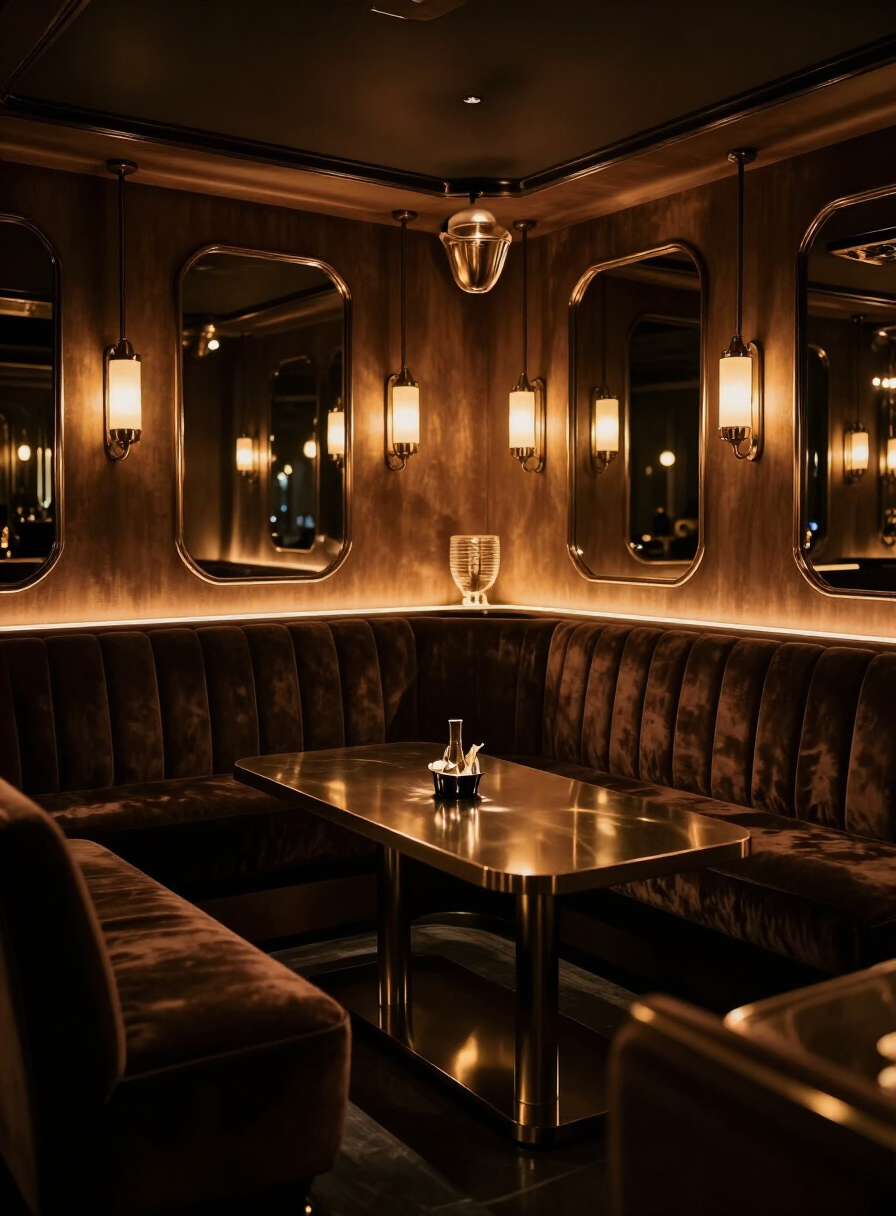 An intimate private lounge with low amber lighting and velvet seating