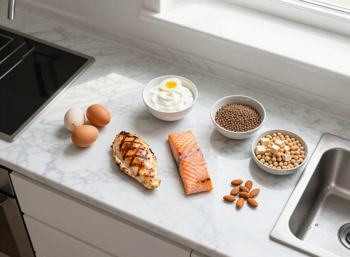 Flat lay of high-protein foods including chicken, salmon, eggs, yogurt, lentils and tofu