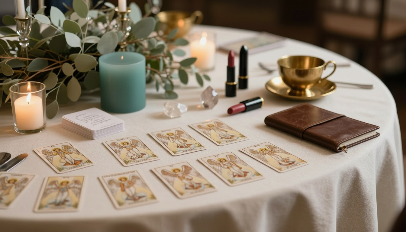 An elegant event entertainment table set with angel oracle cards, a teacup, lipsticks, crystals, and a guest book