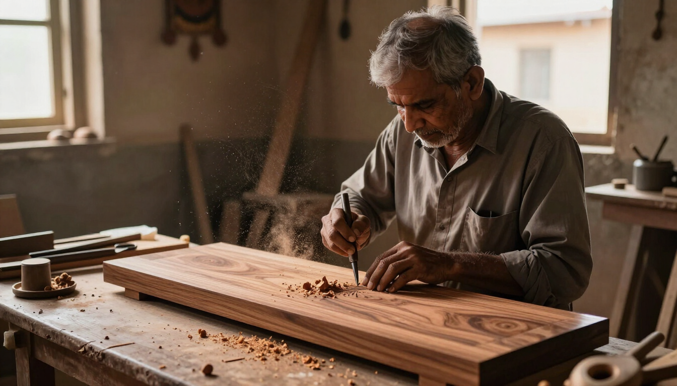 Carpenter hand-carving teakwood in the Shri Balaji workshop