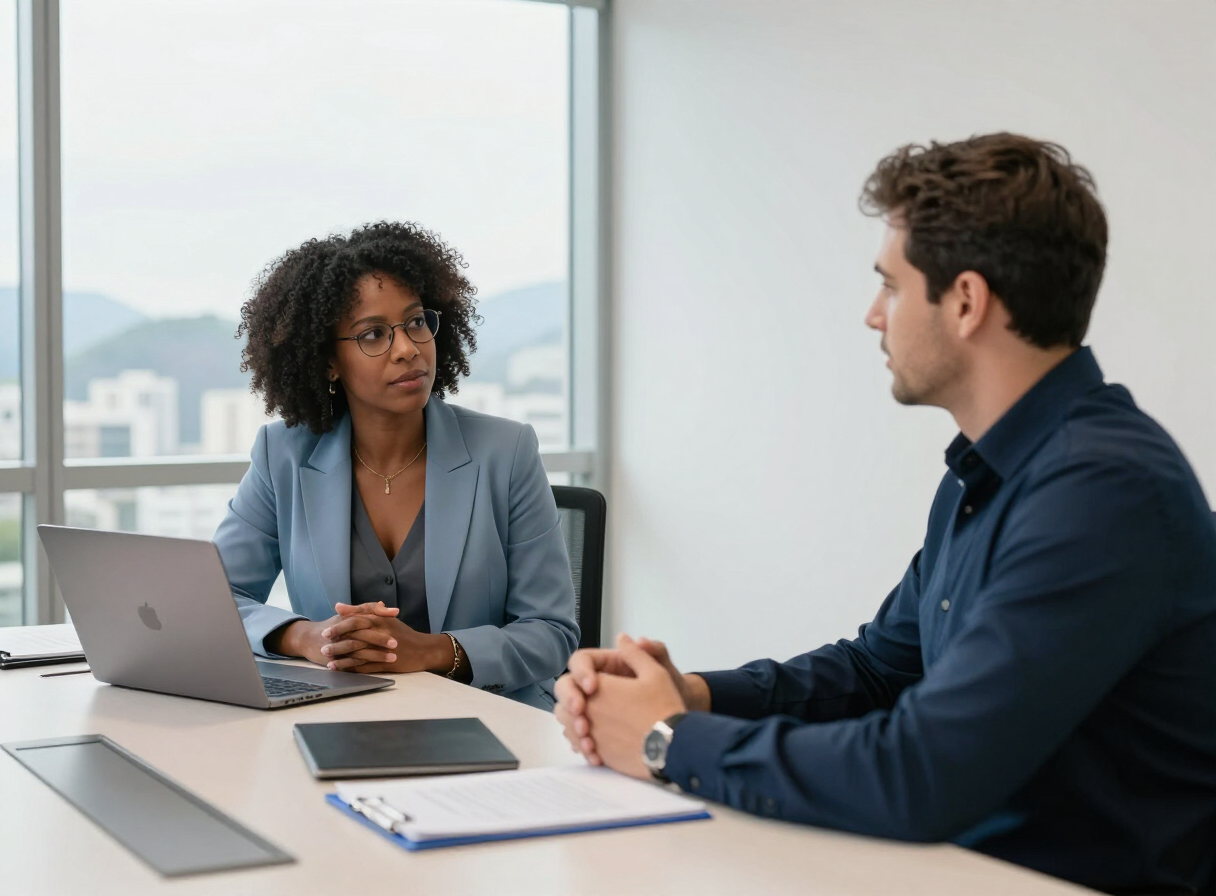 Advogada conversando com cliente em escritório iluminado