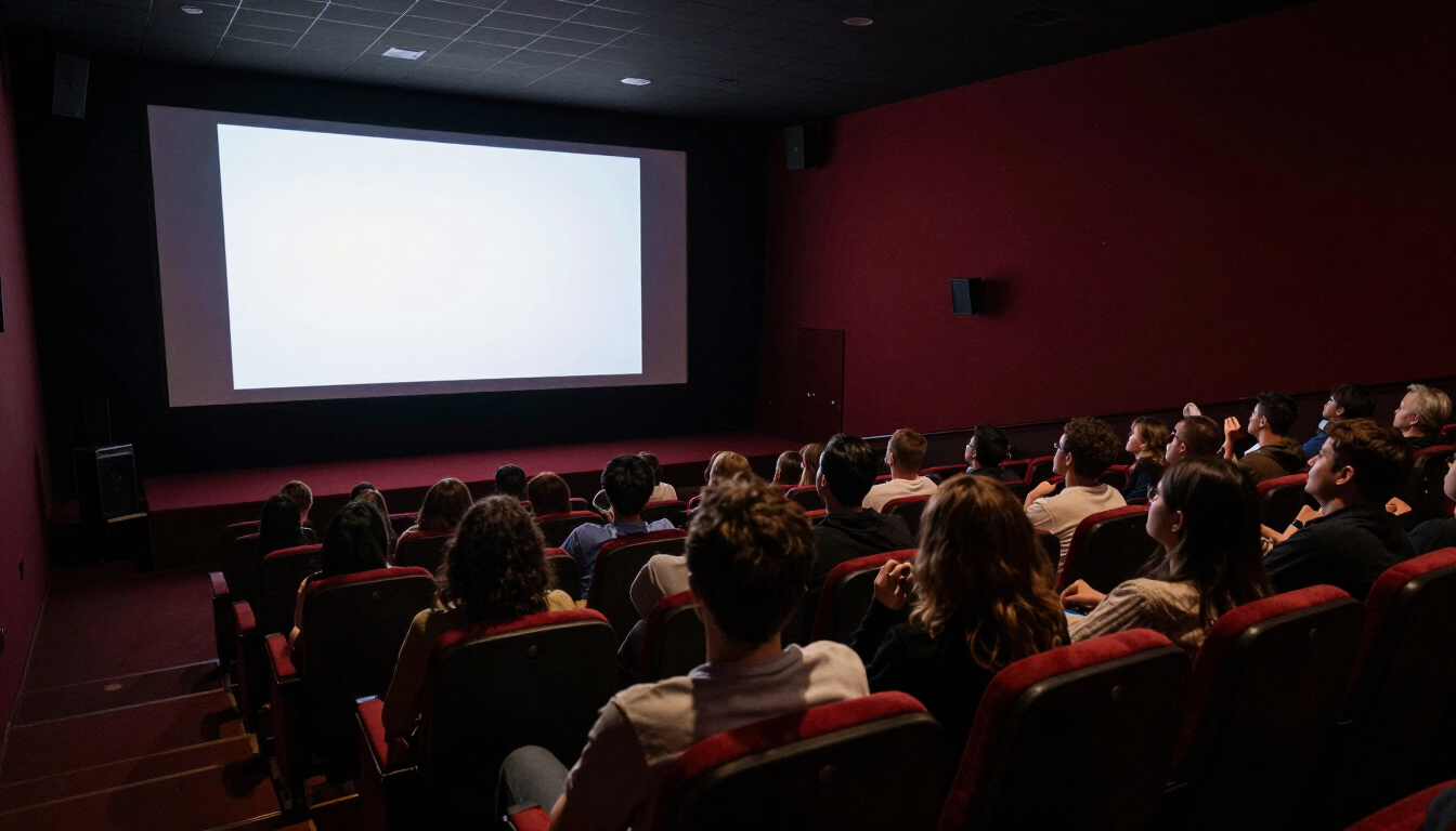 Sala de cinema cheia durante um festival em Portugal, com o ecrã iluminado pela projeção
