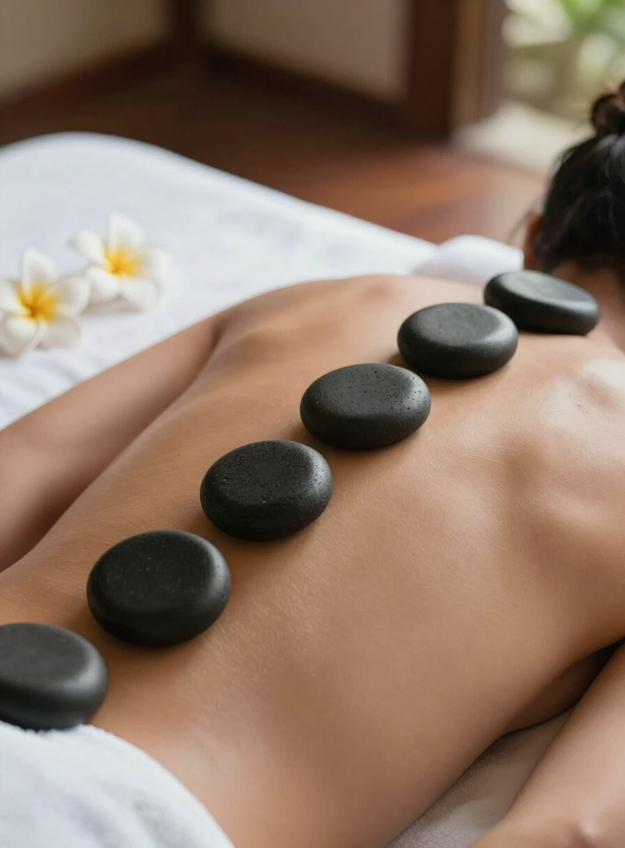 Smooth black volcanic stones lined along a guest’s spine with a white towel in Bali