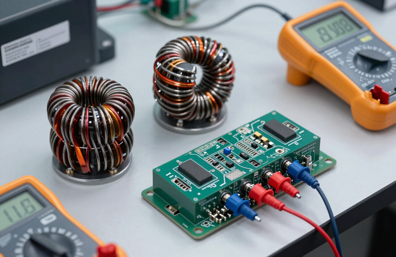 Toroidal magnetics and a power electronics module on an engineering bench