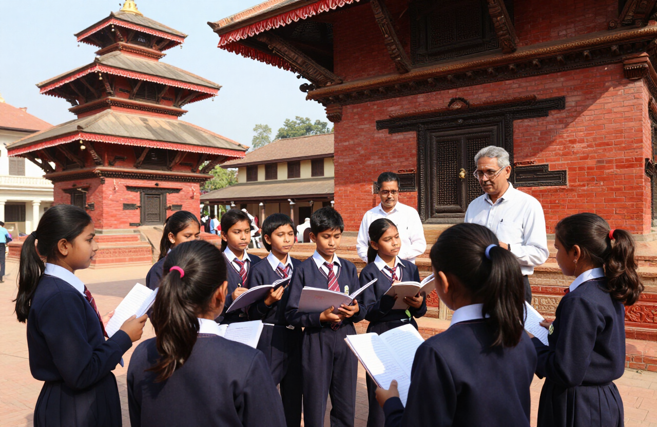Himali students on an educational field trip observing heritage architecture