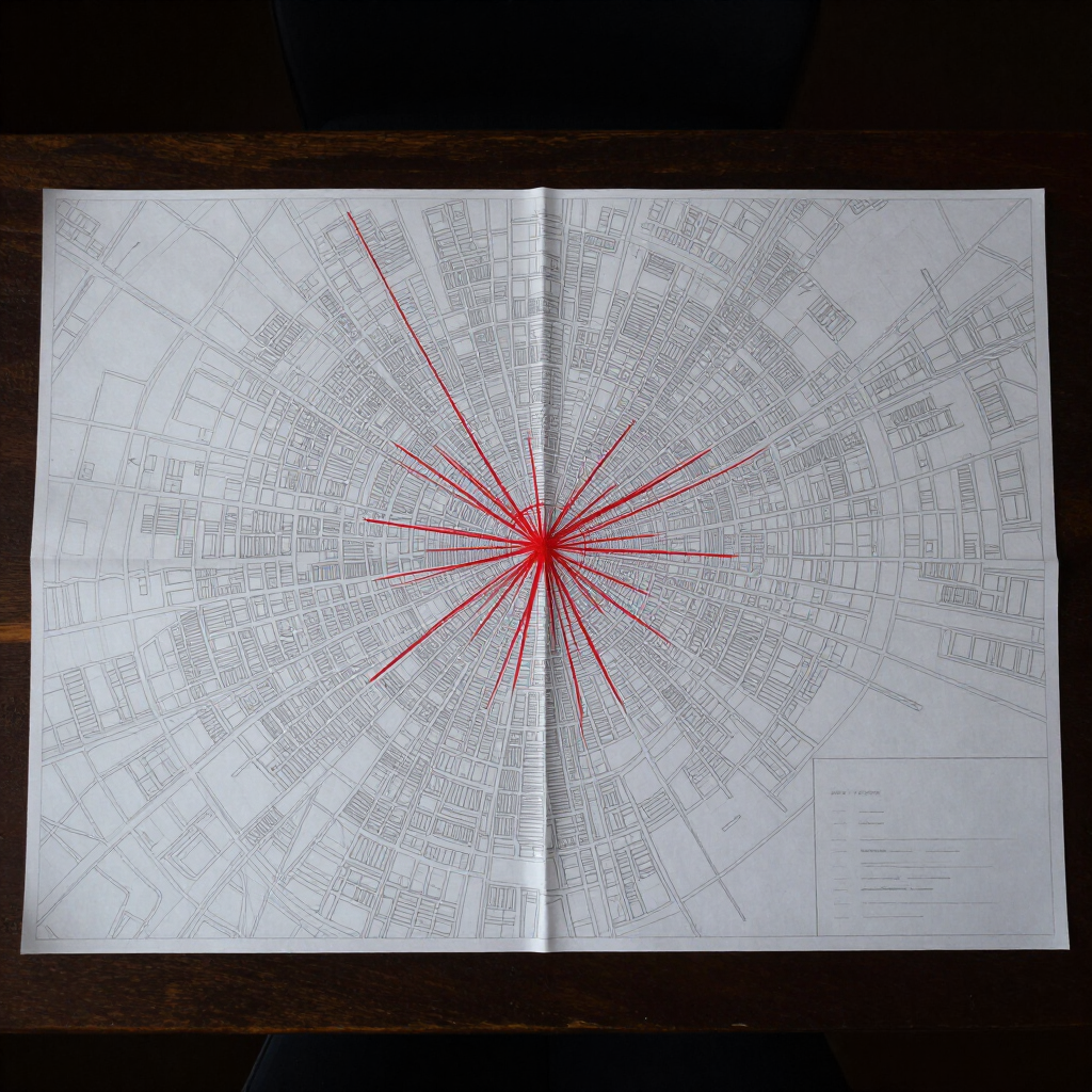 A paper map with one route drawn in red marker over dozens of faint pencil routes