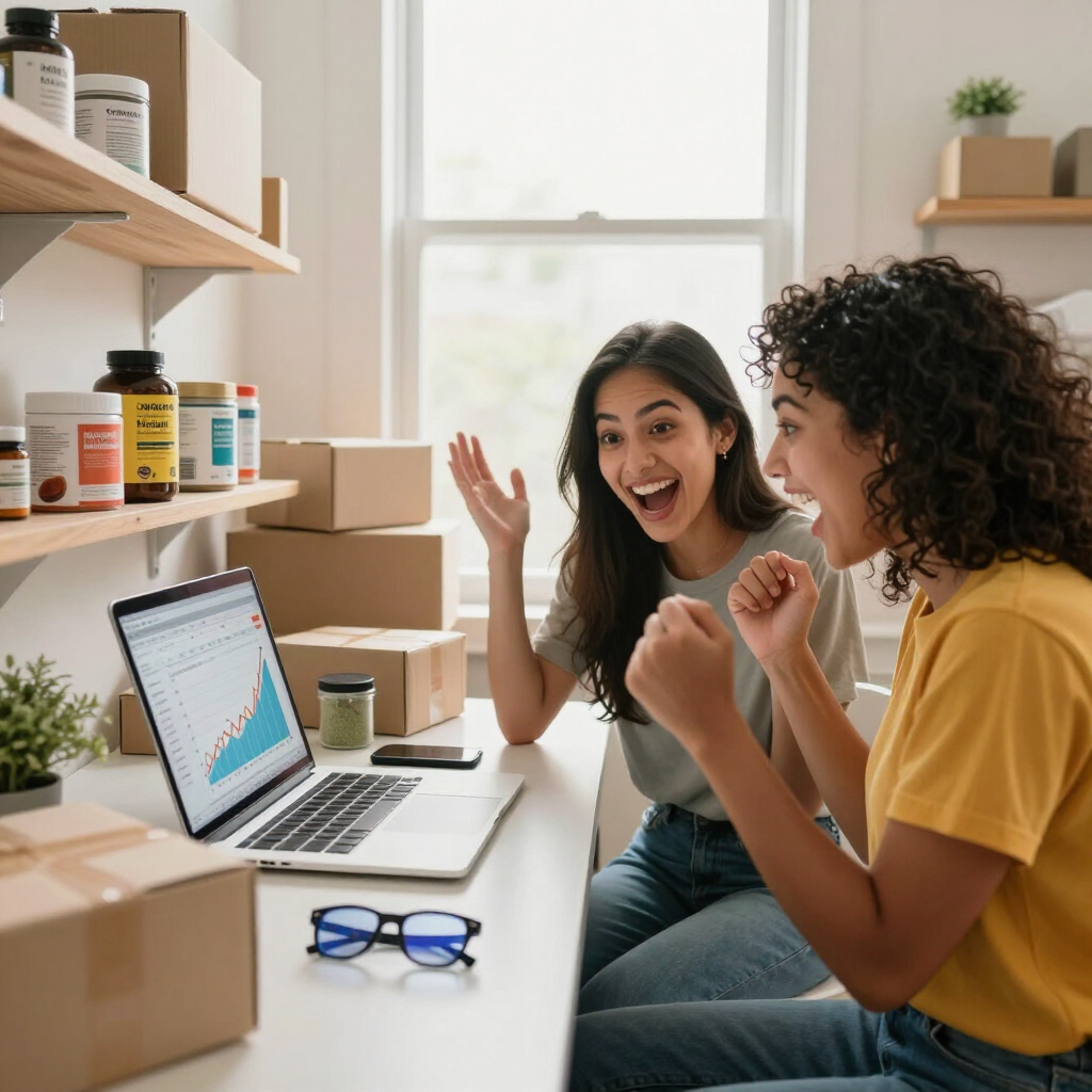 An Amazon seller and influencer overwhelmed with joy as sales and traffic soar, surrounded by shipped packages of health and wellness products