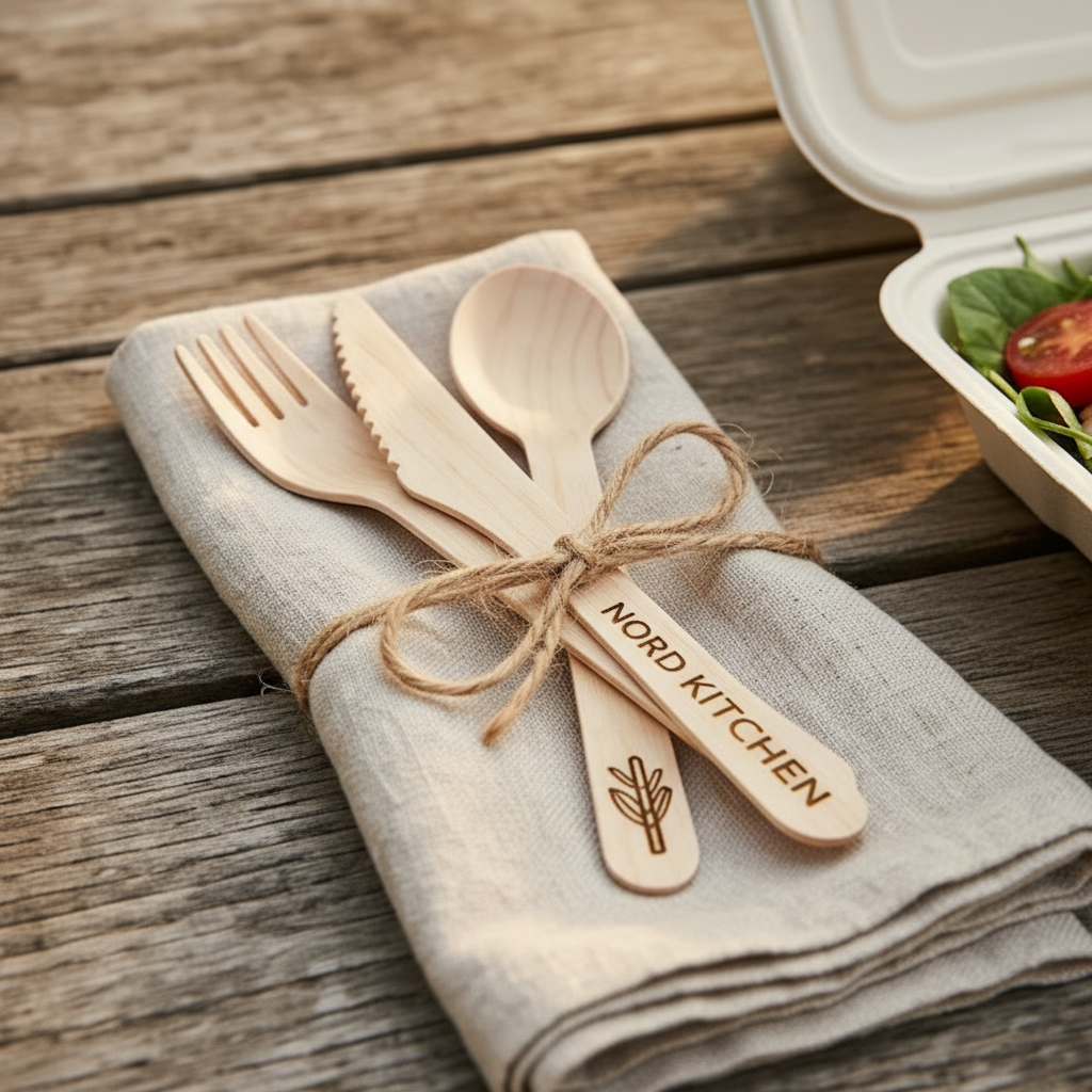 Contoh laser engraving logo pada gagang cutlery kayu dan bambu