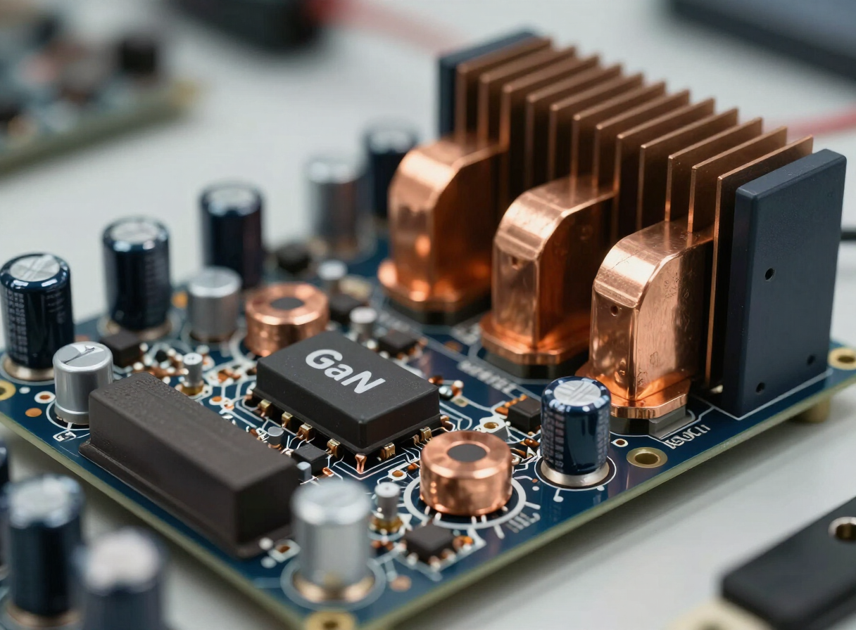 Power electronics converter circuit board with GaN switching components, copper inductors, and heat sinks