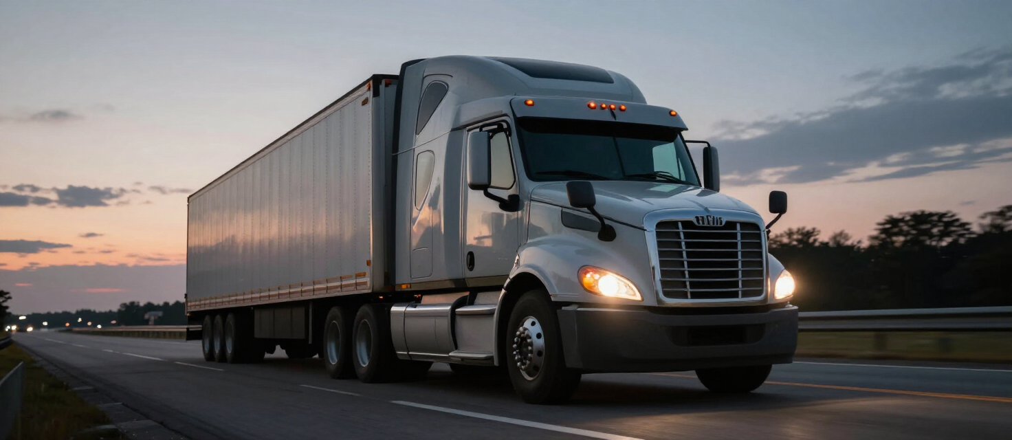 Commercial semi-truck traveling on an interstate highway at dusk