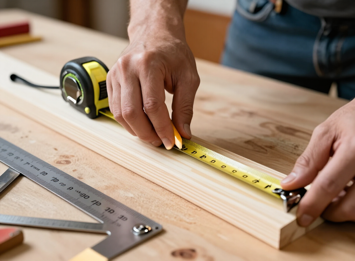 Close-up of a woodworker’s hands carefully measuring a pine board with a tape measure and marking with a pencil, combination square nearby, bright workshop lighting