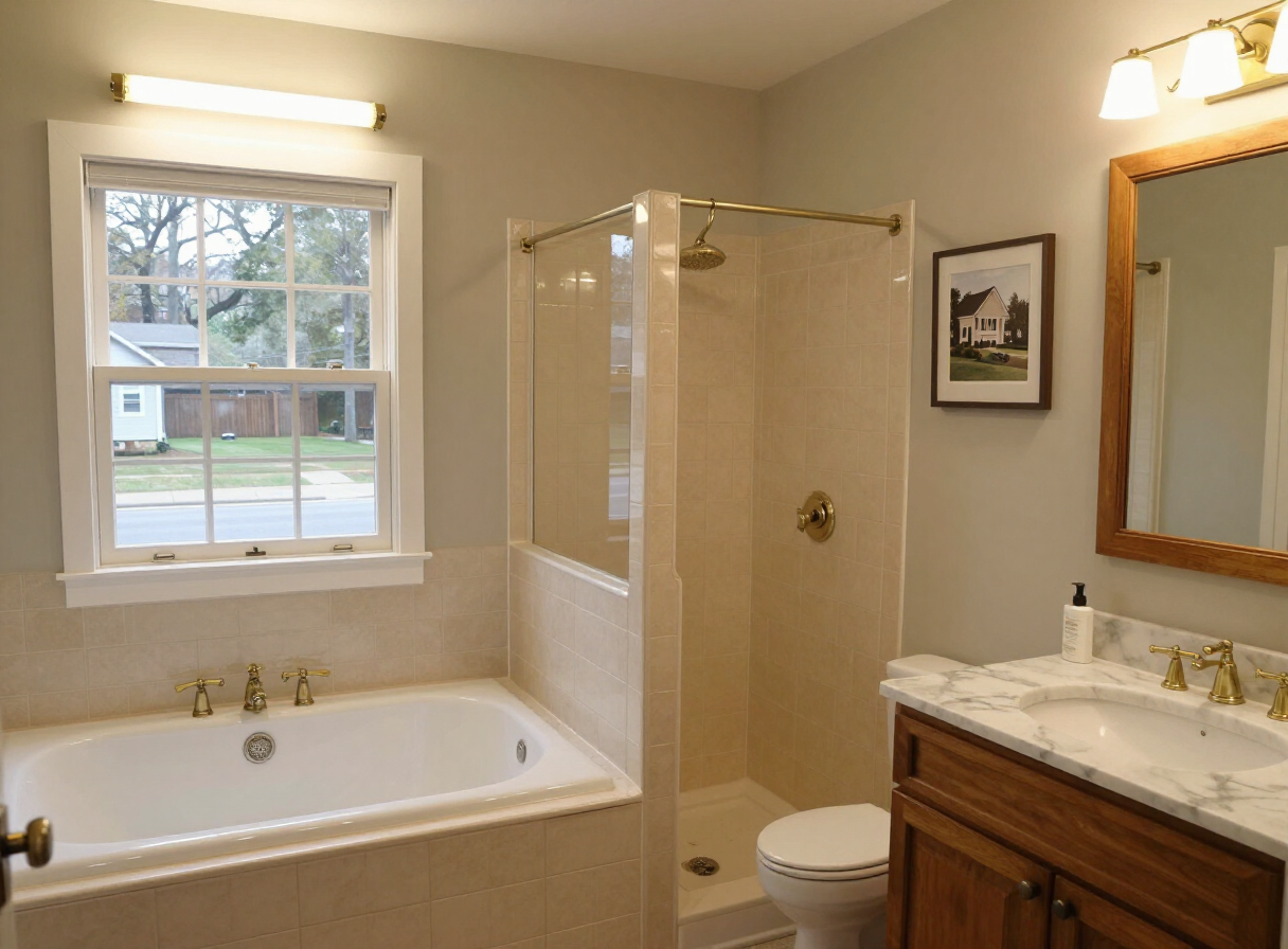 Waxhaw primary bathroom before renovation, with garden tub, beige builder tile, and cultured marble vanity
