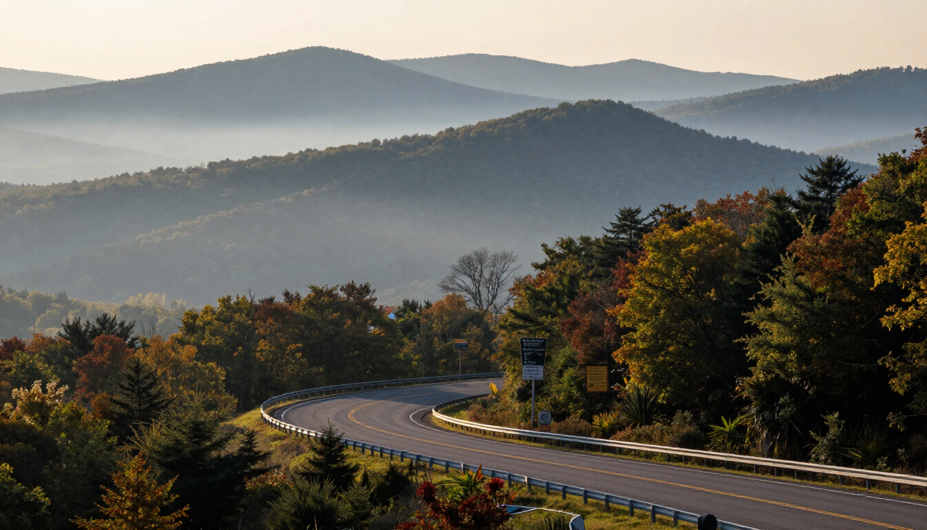 Misty Blue Ridge Mountains along a winding scenic road in Southwest Virginia, representing The Crooked Road heritage music trail