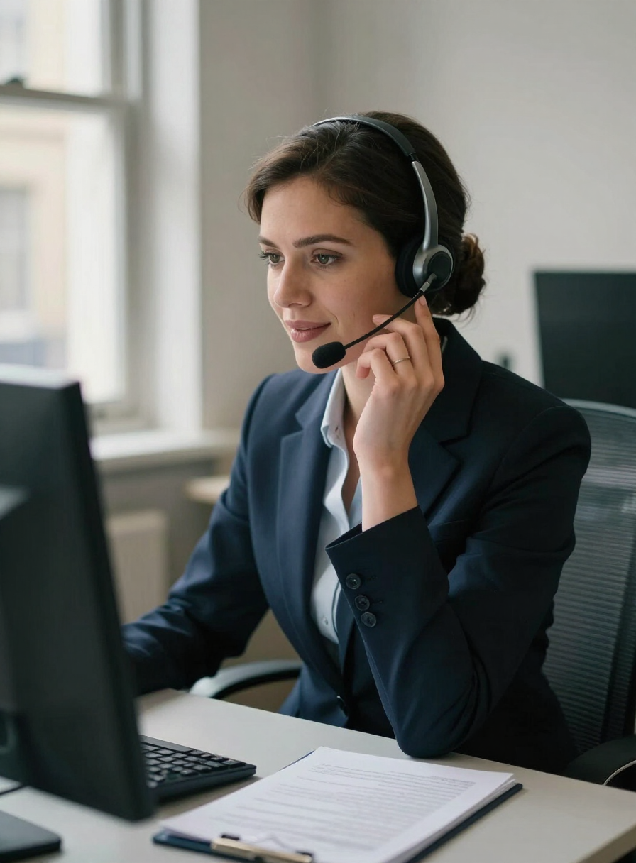 A receptionist wearing a headset, mid-call at her desk in the morning shift