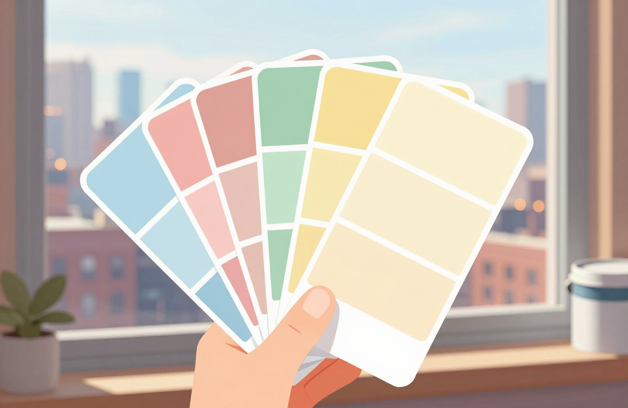 Illustrative paint color swatch samples fanned out near a window with Hoboken city light