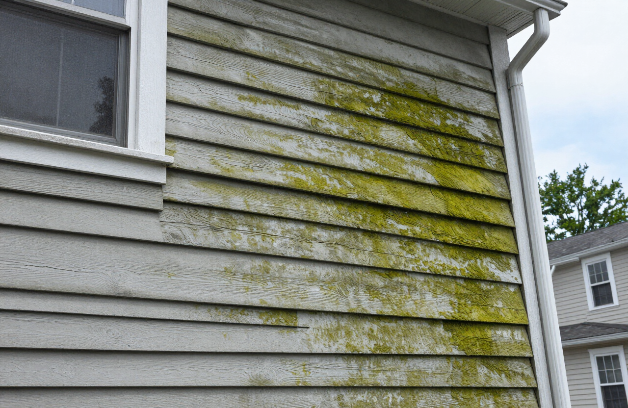 Secaucus NJ home exterior with green mold and mildew growth on shaded siding