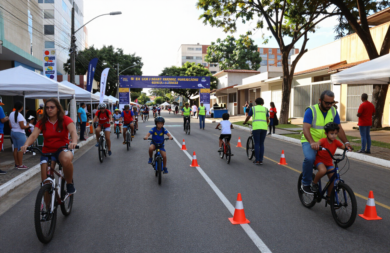 Famílias e crianças em bicicletas participam de feira de segurança viária com circuito de cones