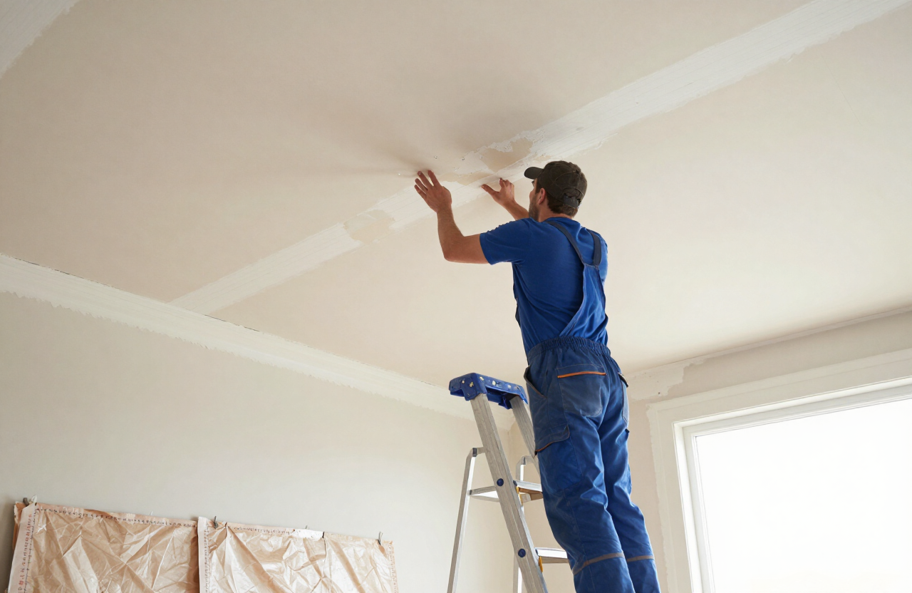 Ceiling drywall repair with a technician on a step ladder patching a damaged ceiling area