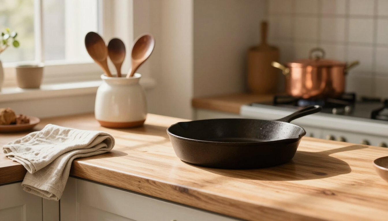 Warm kitchen counter with cookware and utensils