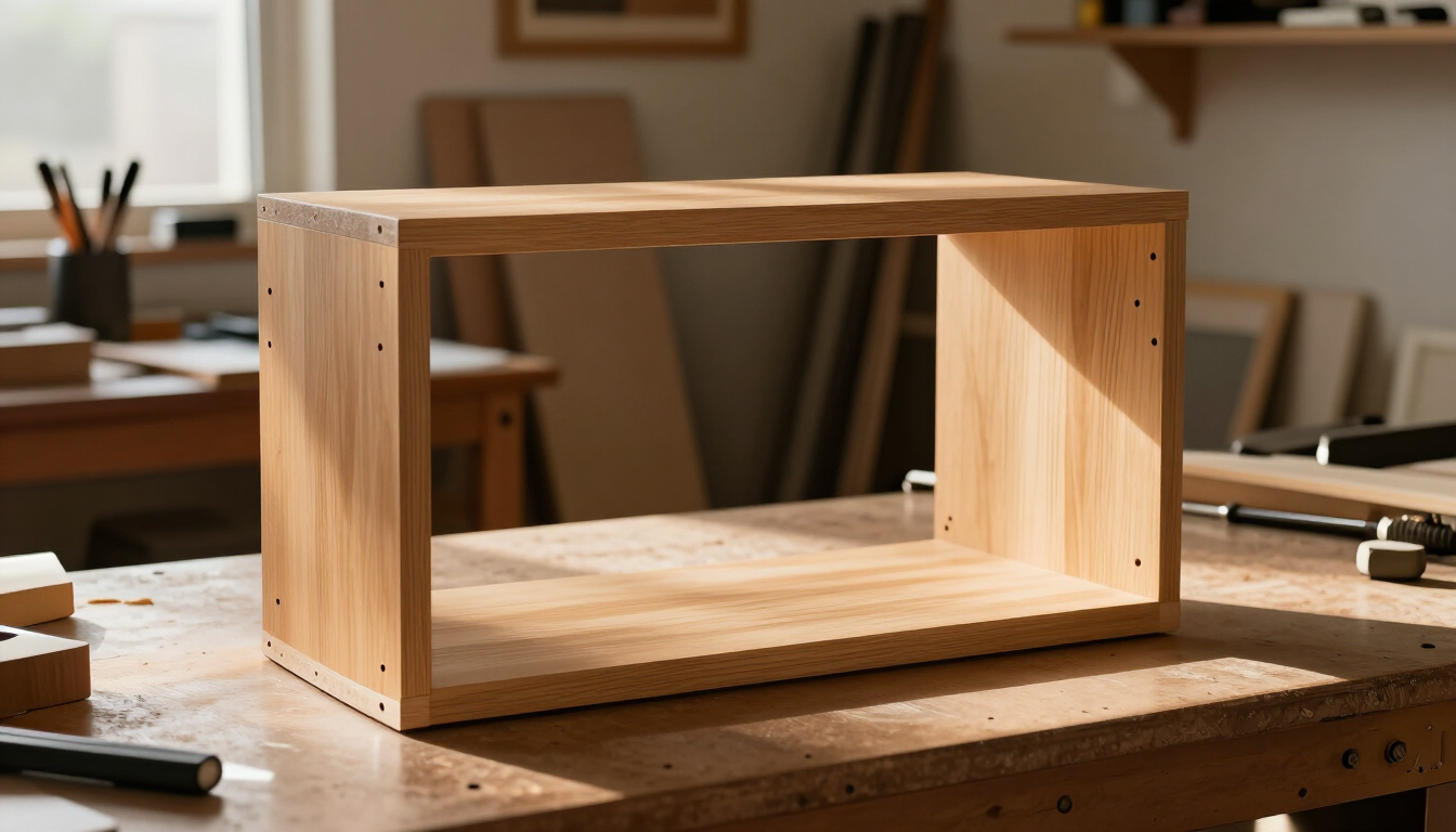 A finished simple wooden cabinet face frame with pocket holes hidden on the reverse side, sitting on a workbench in a tidy workshop at golden hour