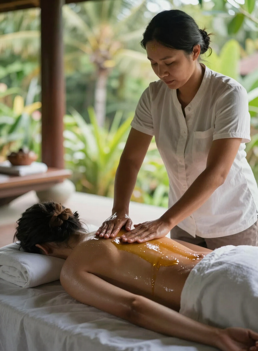 Long flowing forearm strokes of a Lomi Lomi massage along a guest’s oiled back in an open-air Bali villa