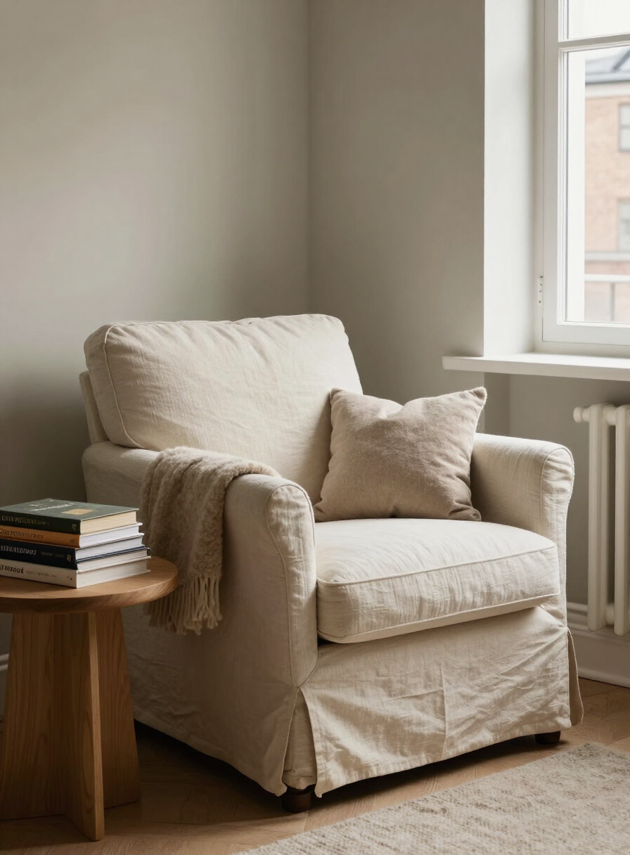 A cozy reading nook with a linen armchair and travel books