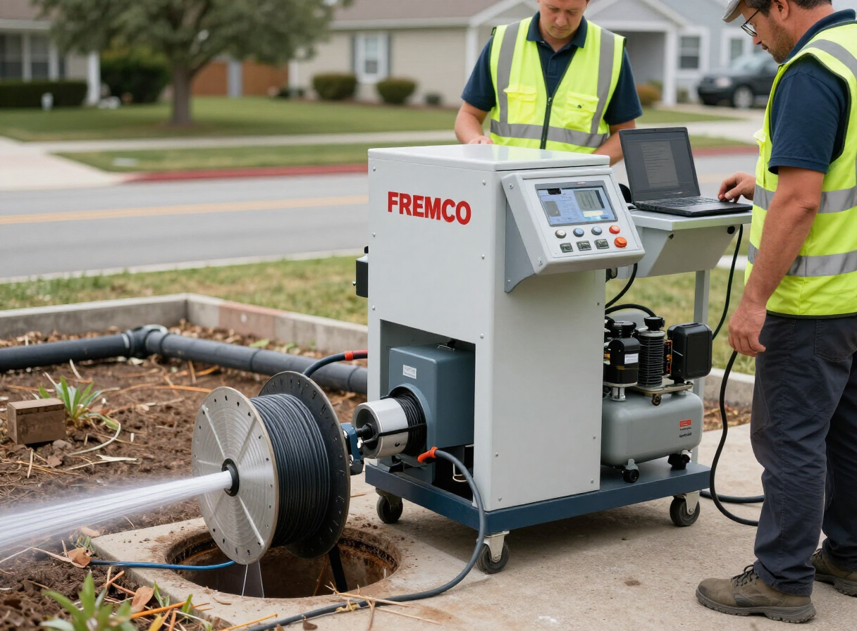 Fremco fiber blowing machine feeding fiber optic cable into underground conduit