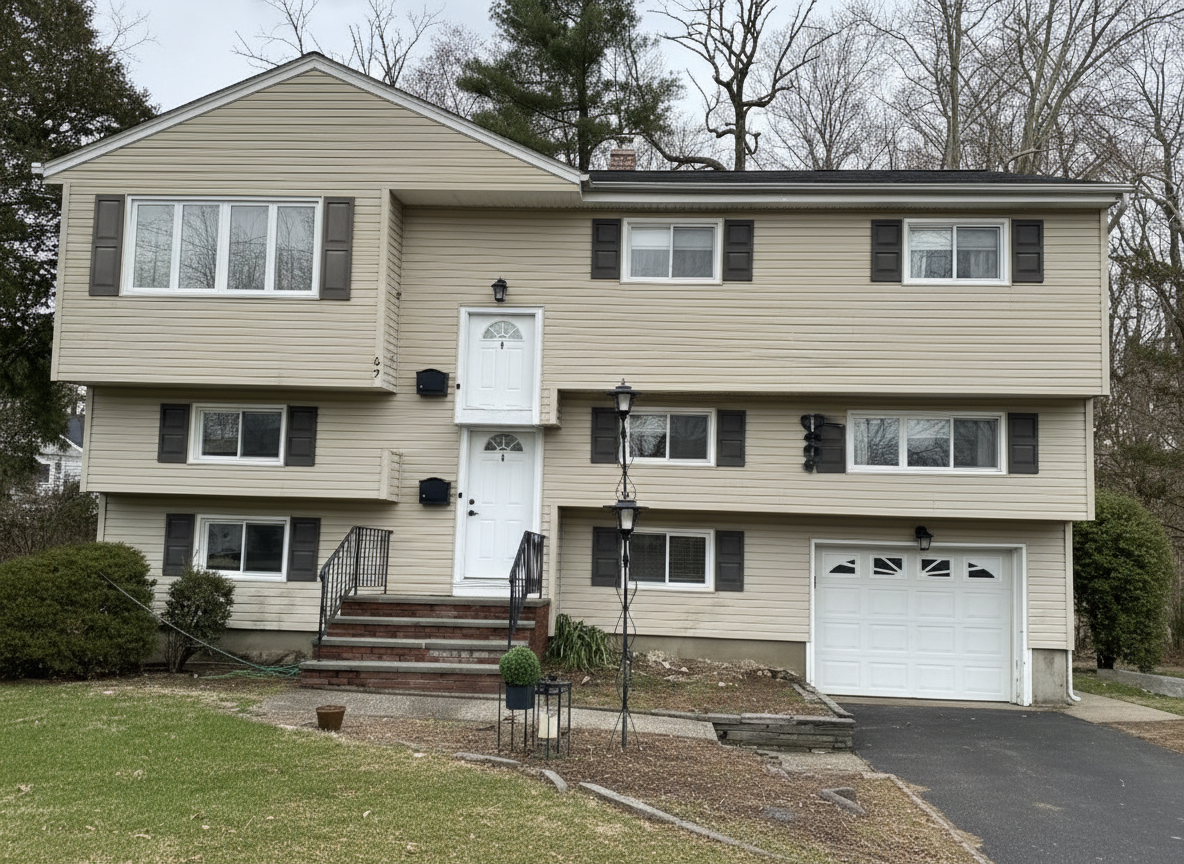 Fort Lee split-level home before exterior painting - tan vinyl siding