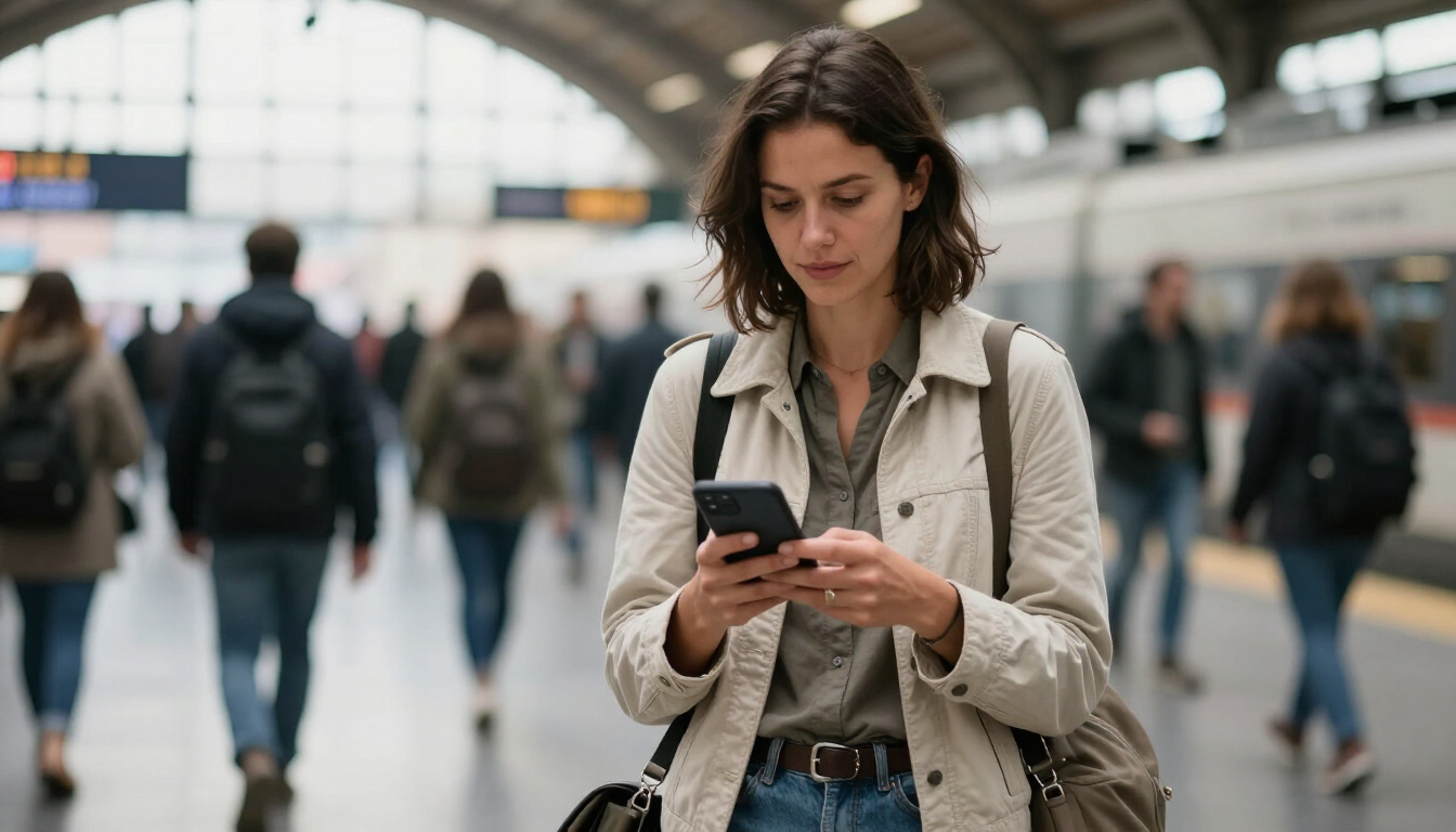 A confident adult woman traveling internationally, checking her phone in a busy train station concourse with a crossbody bag and light jacket