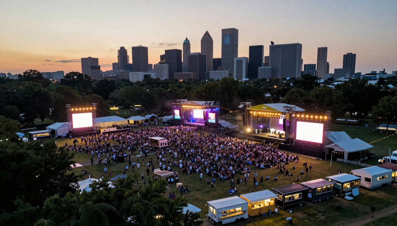 Aerial view of a large outdoor music festival field with multiple stages and a city skyline in the background