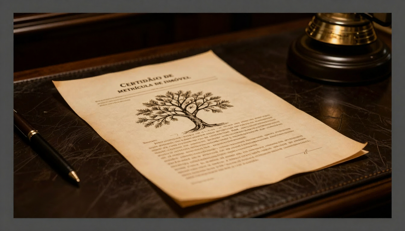 Certidão de matrícula de imóvel, escritura antiga e árvore genealógica sobre mesa escura com iluminação dourada