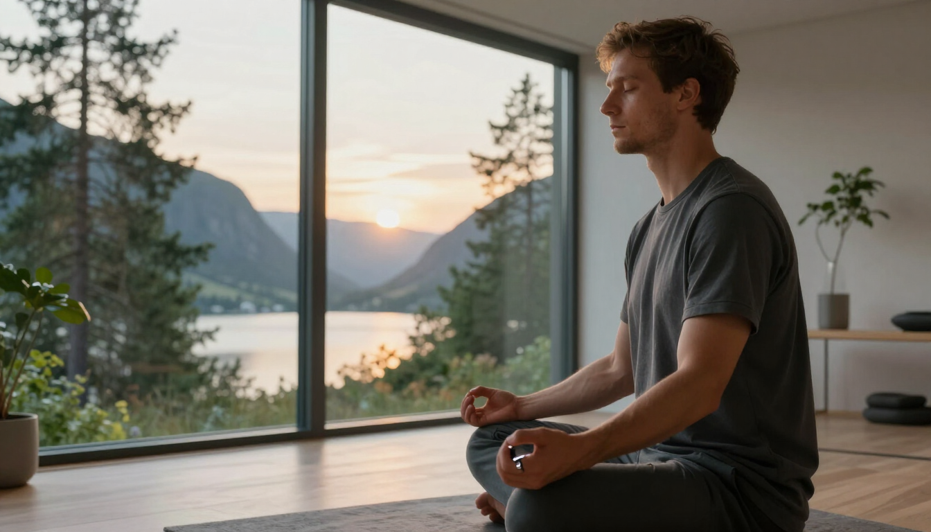 Man meditating at sunrise in a minimalist cabin wearing a smart ring