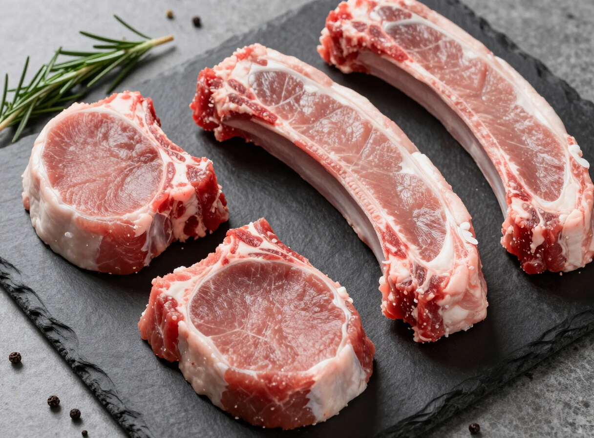 Côtes et travers de porc frais sur ardoise sombre